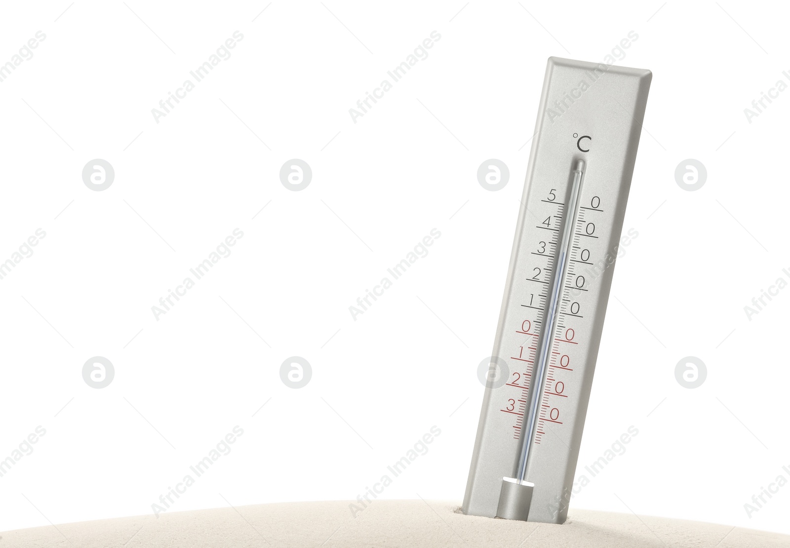 Photo of Weather thermometer in sand against white background