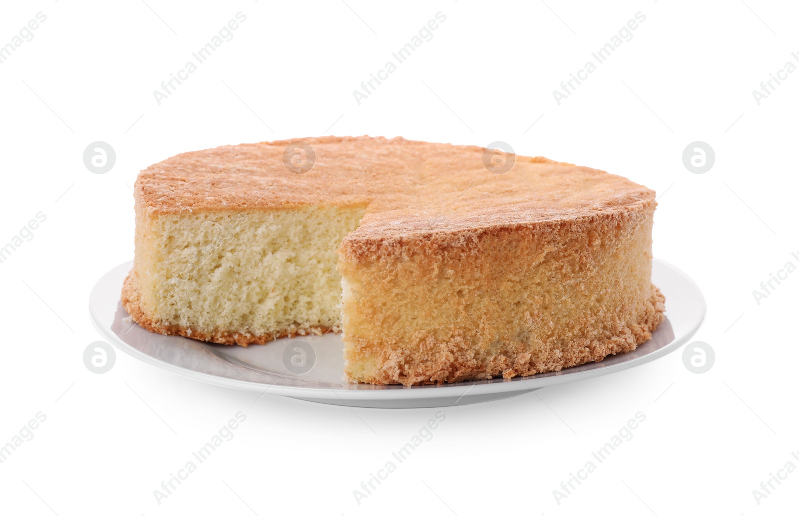 Photo of Plate with tasty sponge cake isolated on white