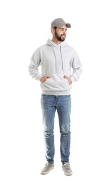 Photo of Full length portrait of young man in sweater isolated on white. Mock up for design