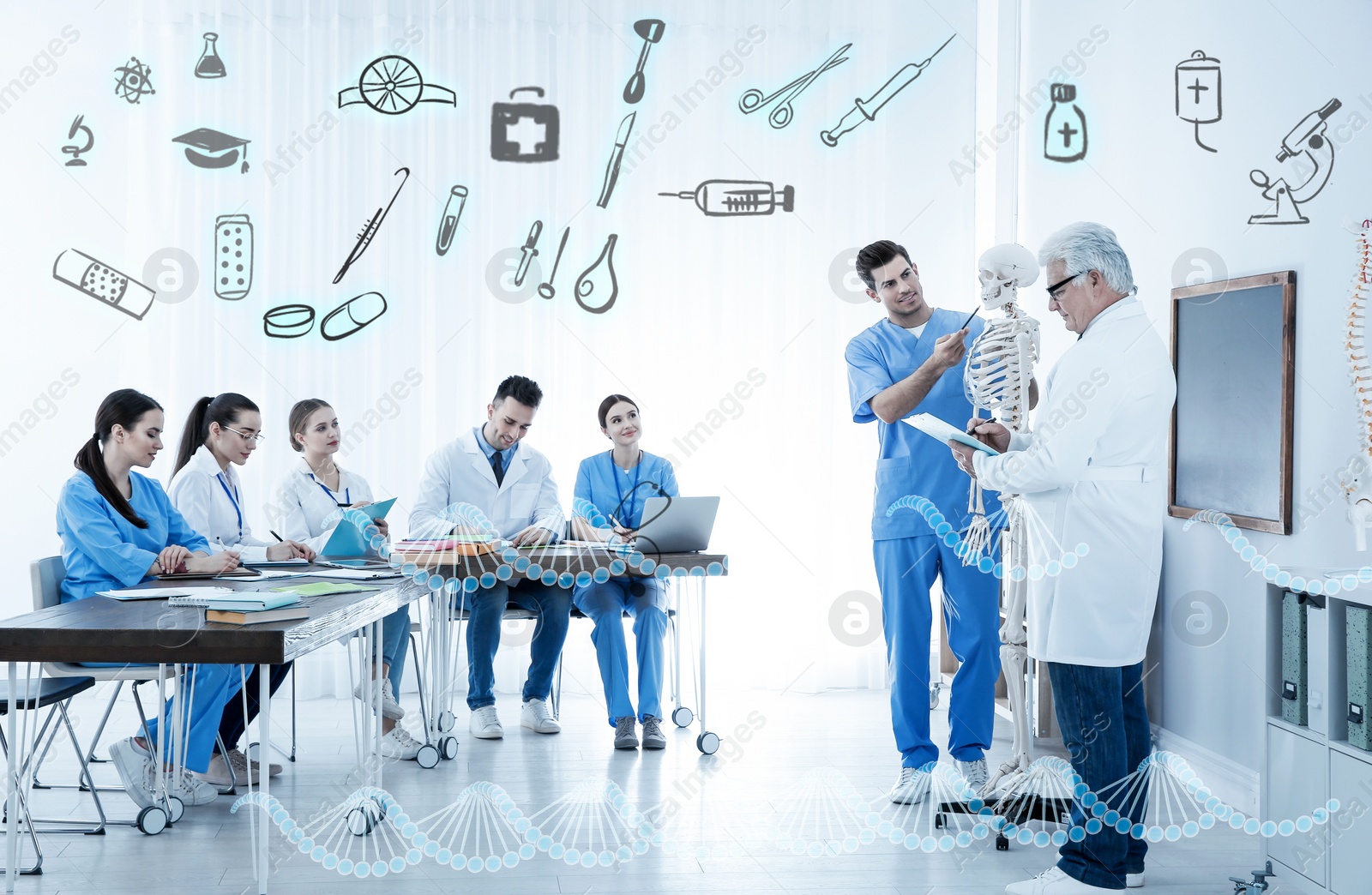 Image of Medical students and professor studying human skeleton anatomy in classroom