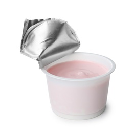 Photo of Plastic cup with creamy yogurt on white background