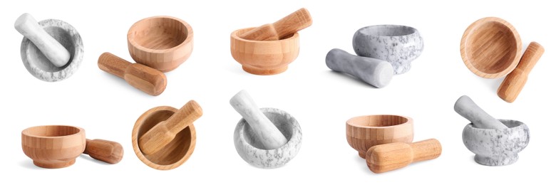 Image of Set of wooden and stone mortars on white background