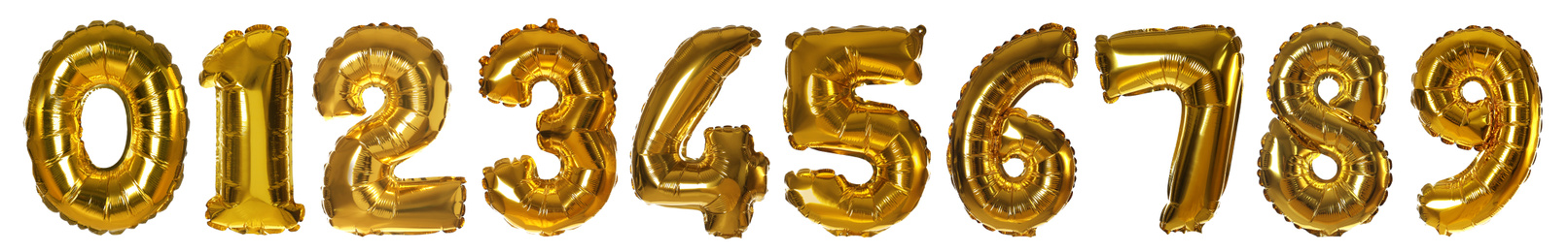 Image of Set with golden foil balloons in shape of numbers on white background. Banner design