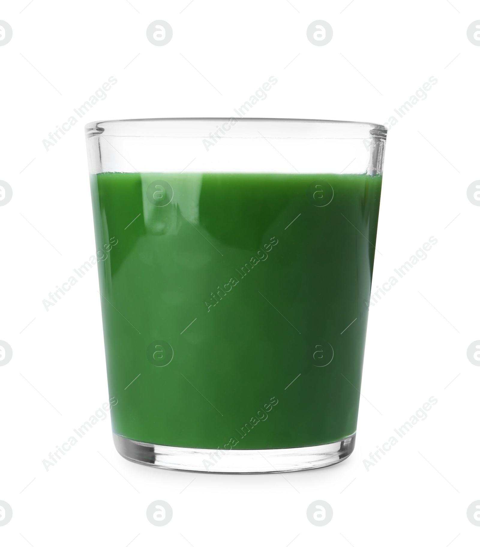 Glass of fresh wheat grass juice on white background Photo of Glass of fresh wheat grass juice on white background