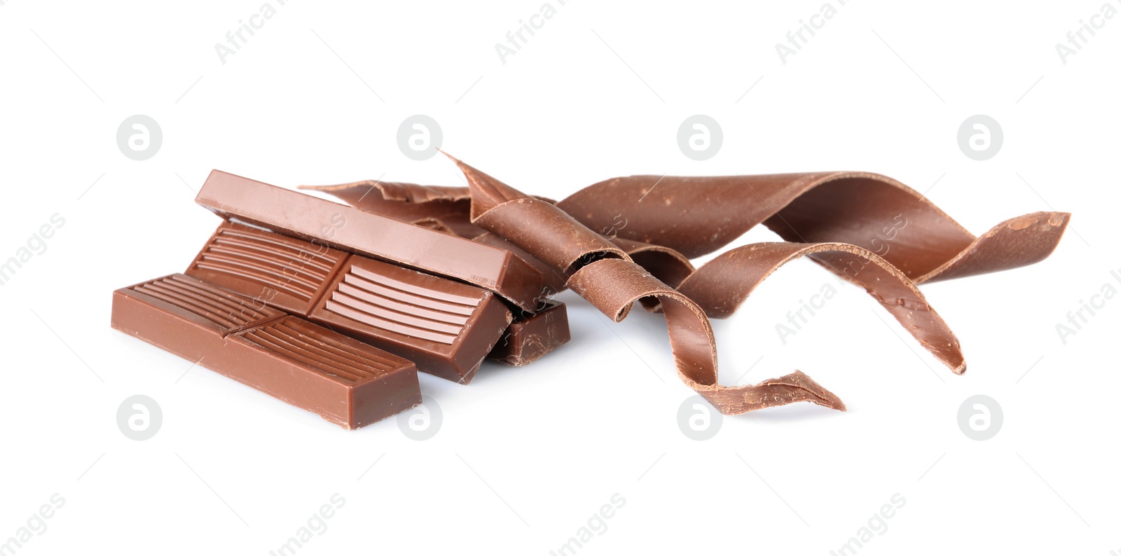 Photo of Chocolate curls and pieces isolated on white