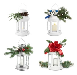 Image of Set with beautiful decorative Christmas lanterns on white background 