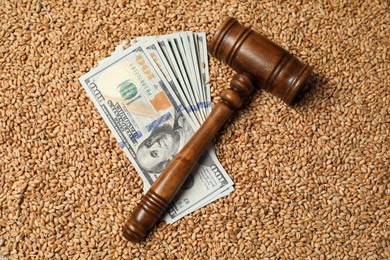 Dollar banknotes and wooden gavel on wheat grains, top view. Agricultural business