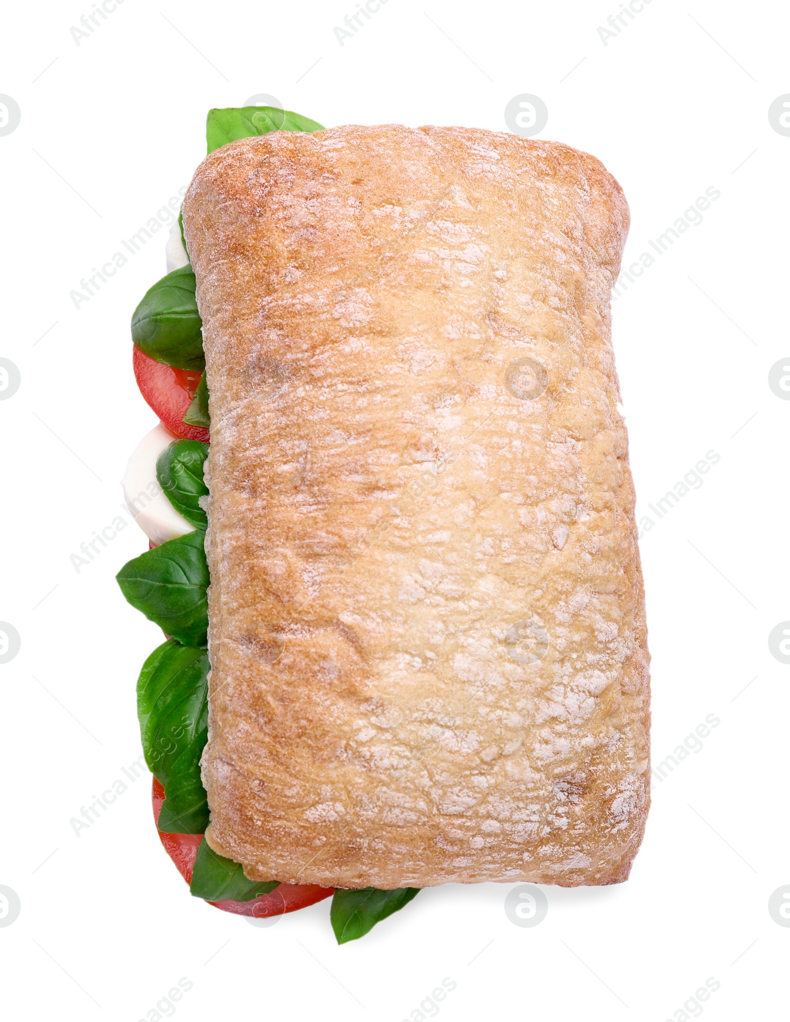 Photo of Delicious Caprese sandwich with mozzarella, tomatoes and basil isolated on white, top view