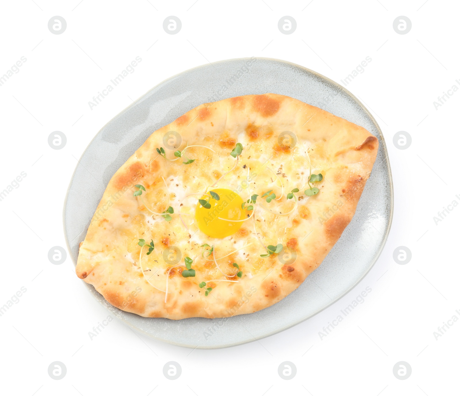 Photo of Fresh delicious Adjarian khachapuri isolated on white, top view