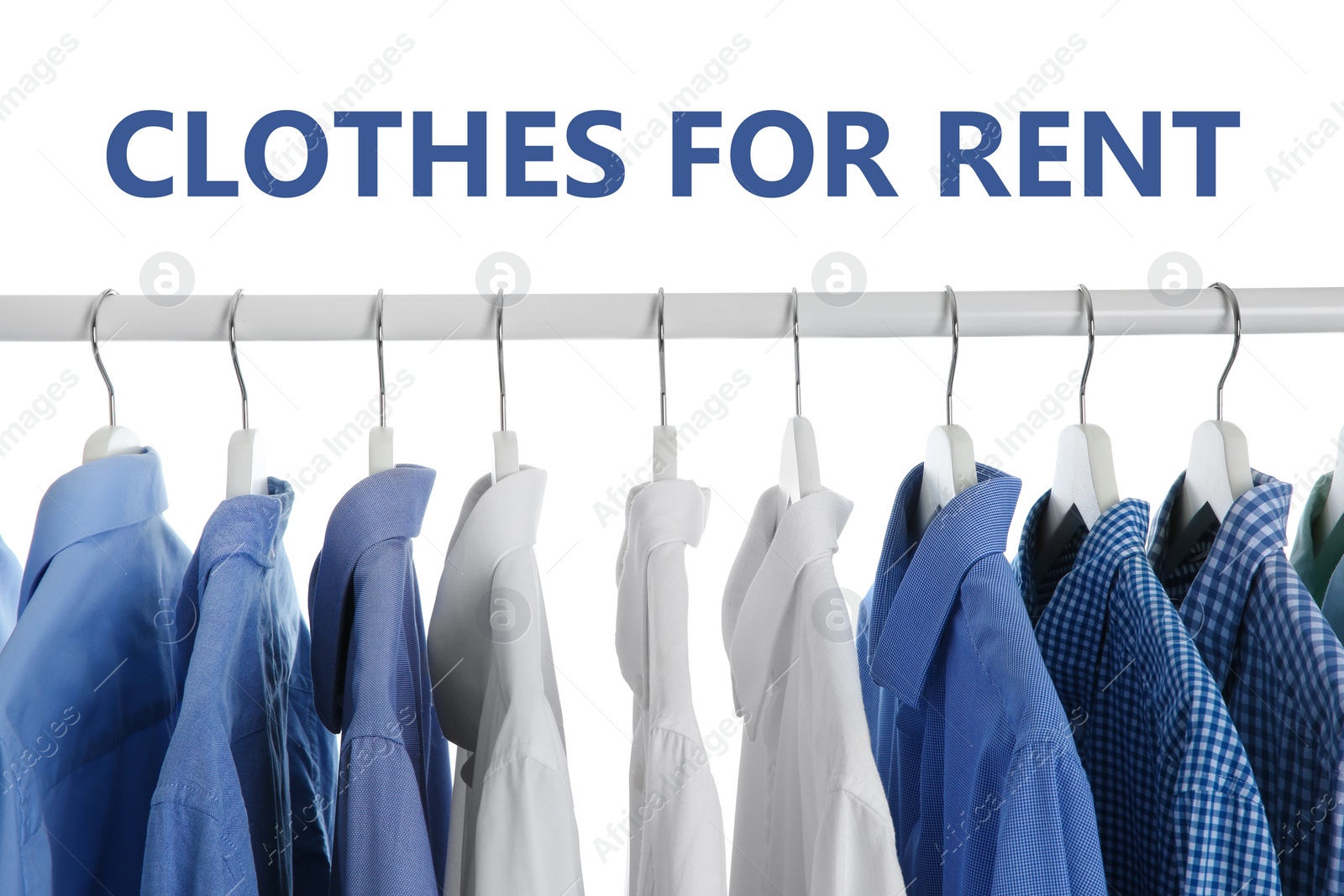 Image of Men clothes for rent hanging on wardrobe rack against white background, closeup