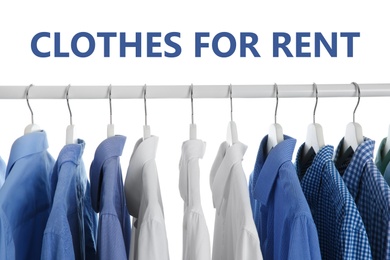 Image of Men clothes for rent hanging on wardrobe rack against white background, closeup