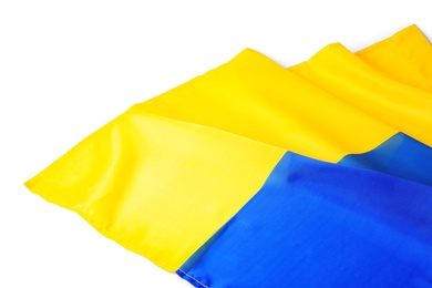 Photo of National flag of Ukraine on white background, closeup