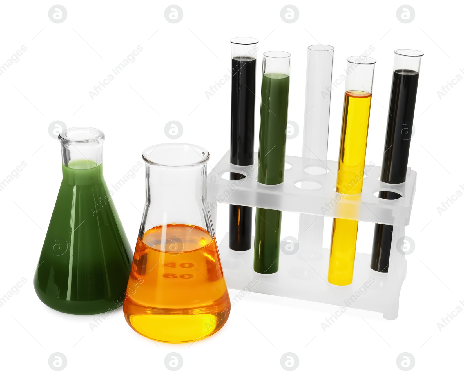 Photo of Test tubes and flasks with different types of oil isolated on white