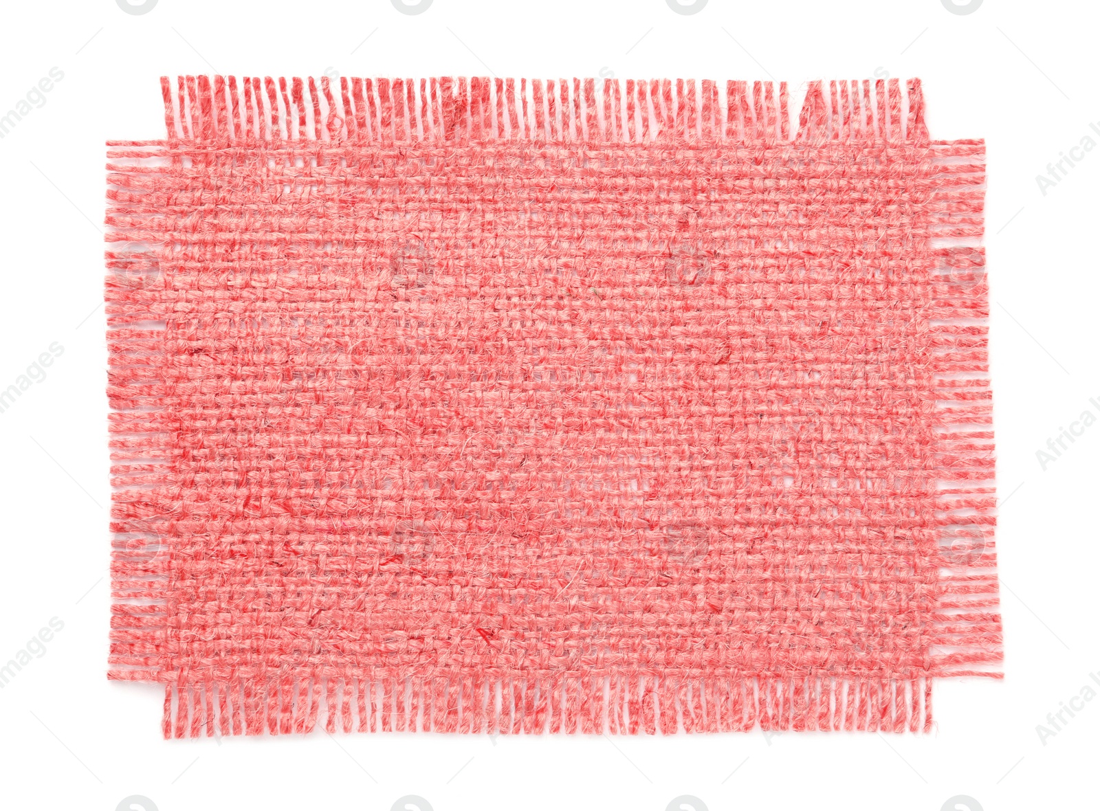 Image of Piece of pink burlap fabric on white background, top view