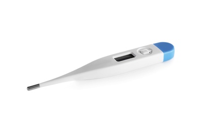 Photo of Digital thermometer on white background. Medical treatment