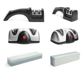 Image of Set with different sharpeners for knife on white background