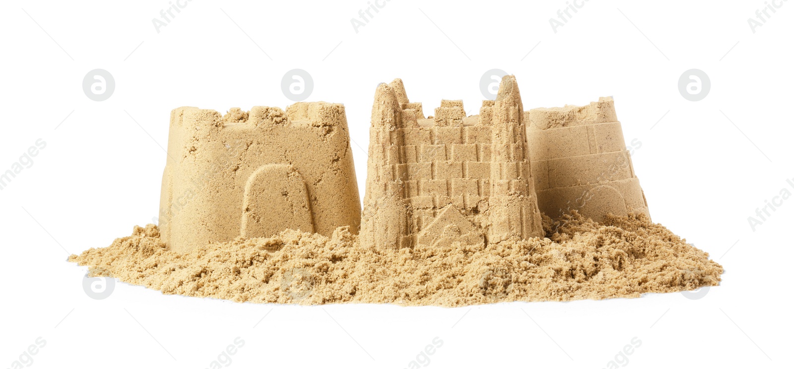 Photo of Different beautiful sand castles isolated on white