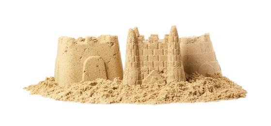 Photo of Different beautiful sand castles isolated on white