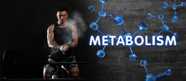 Image of Metabolism concept. Molecular chain illustration and strong man applying magnesium powder, banner design
