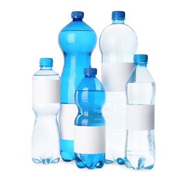 Bottles of pure water with blank labels on white background