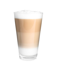 Photo of Glass of delicious latte macchiato isolated on white