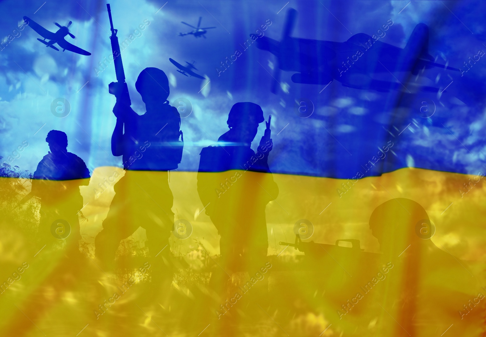 Image of Silhouettes of soldiers and Ukrainian national flag, double exposure