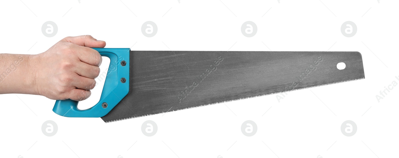 Photo of Man holding saw with light blue handle isolated on white, closeup