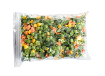 Frozen vegetables in plastic bag isolated on white, top view