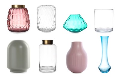 Set of different stylish vases on white background