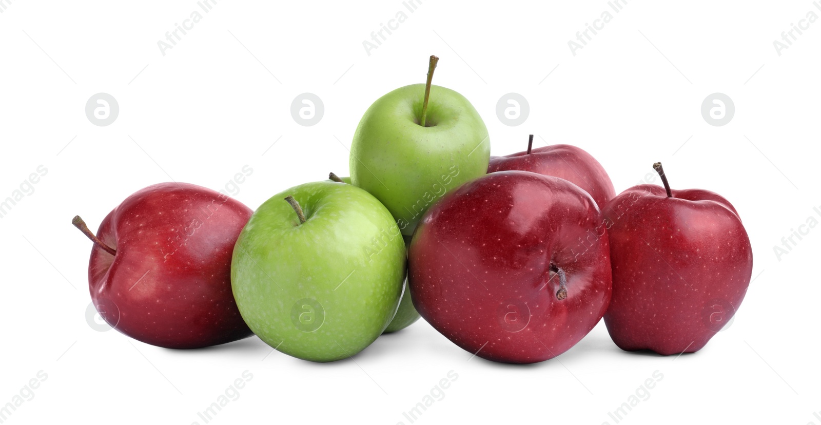 Photo of Fresh ripe green and red apples on white background