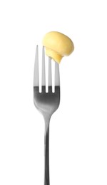 Fork with tasty marinated mushroom isolated on white