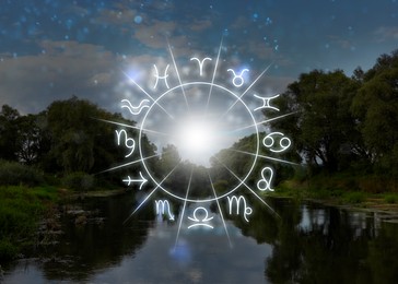 Image of Zodiac wheel with 12 astrological signs and riverscape on background