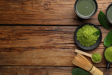 Photo of Flat lay composition with green matcha powder on wooden table, space for text
