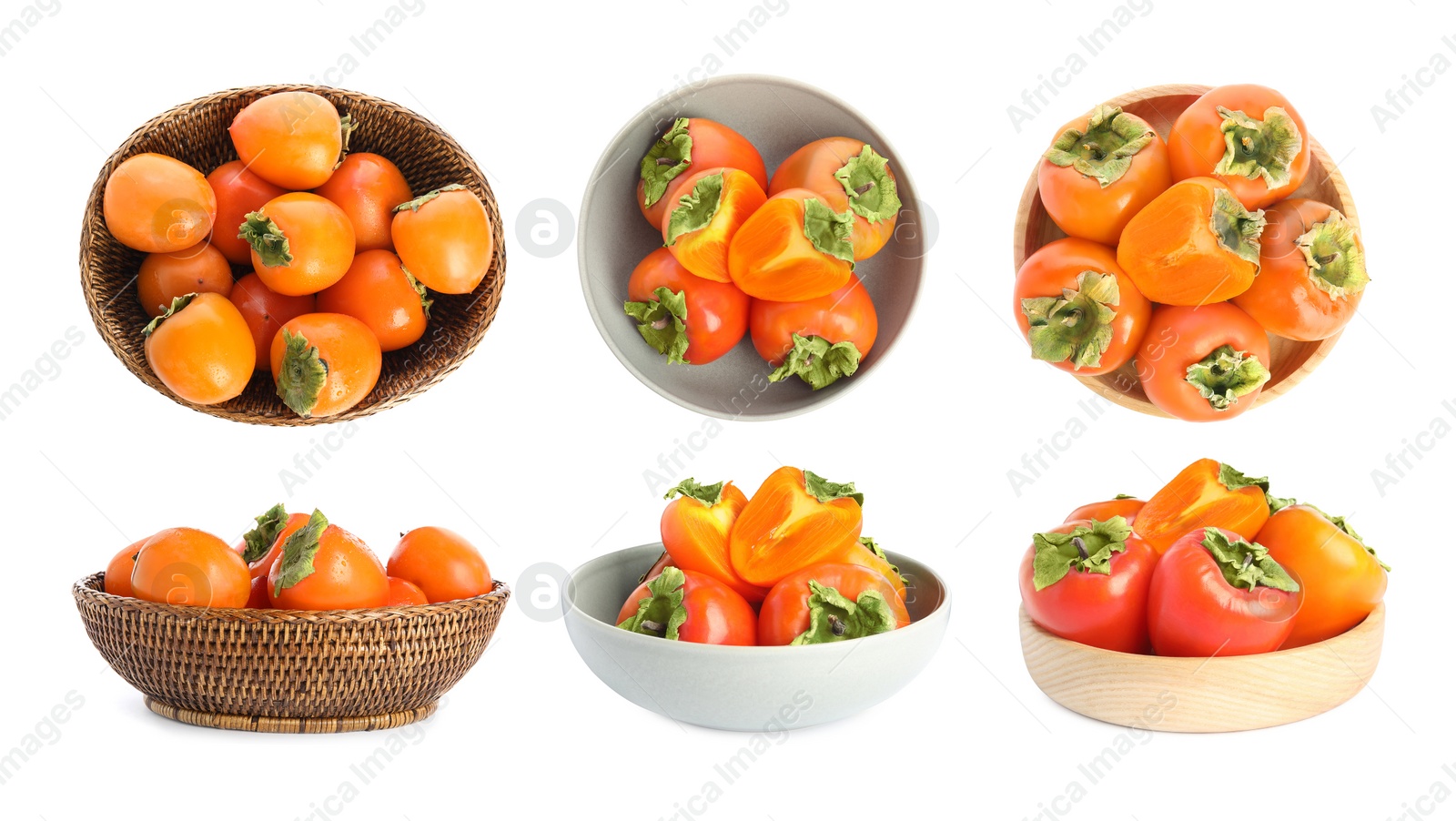 Image of Set of delicious fresh ripe persimmons on white background