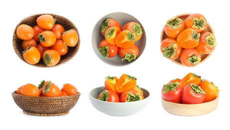 Image of Set of delicious fresh ripe persimmons on white background