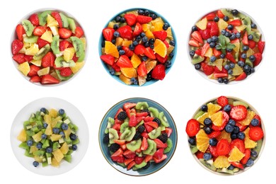 Fruit salad, collection. Mixed fresh berries and fruits in bowls isolated on white, top view