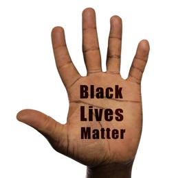 Image of Black Lives Matter. African-American man showing hand on white background, closeup