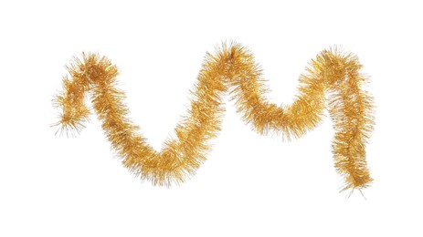 Shiny golden tinsel isolated on white. Christmas decoration