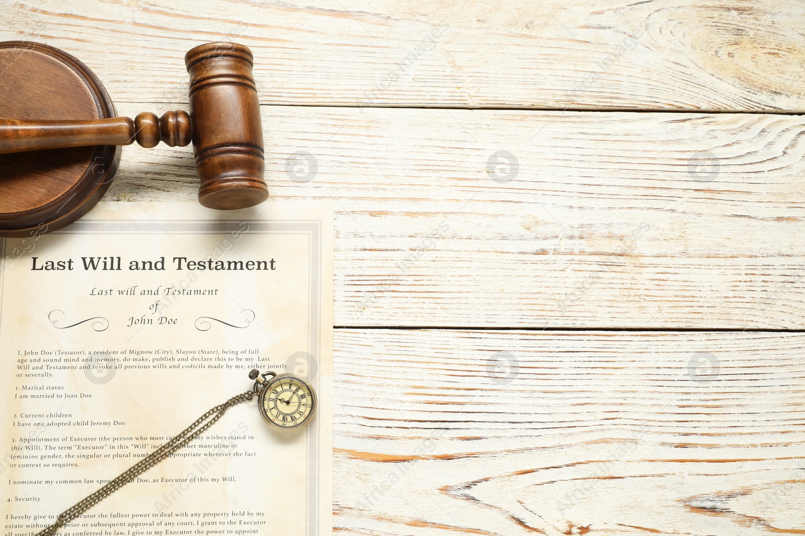 Photo of Last Will and Testament, pocket watch and gavel on white wooden table, flat lay. Space for text