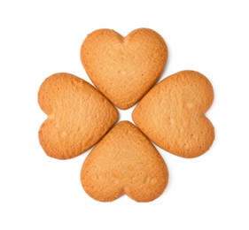 Photo of Tasty heart shaped Danish butter cookies isolated on white, top view