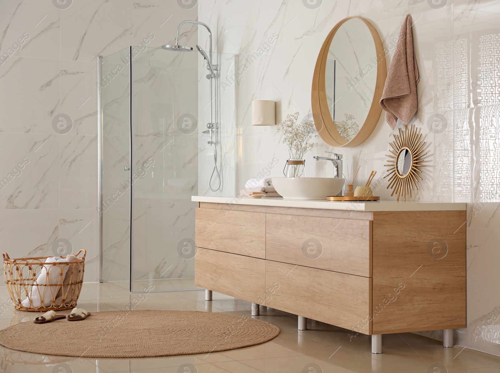 Photo of Modern bathroom interior with vessel sink and big mirror