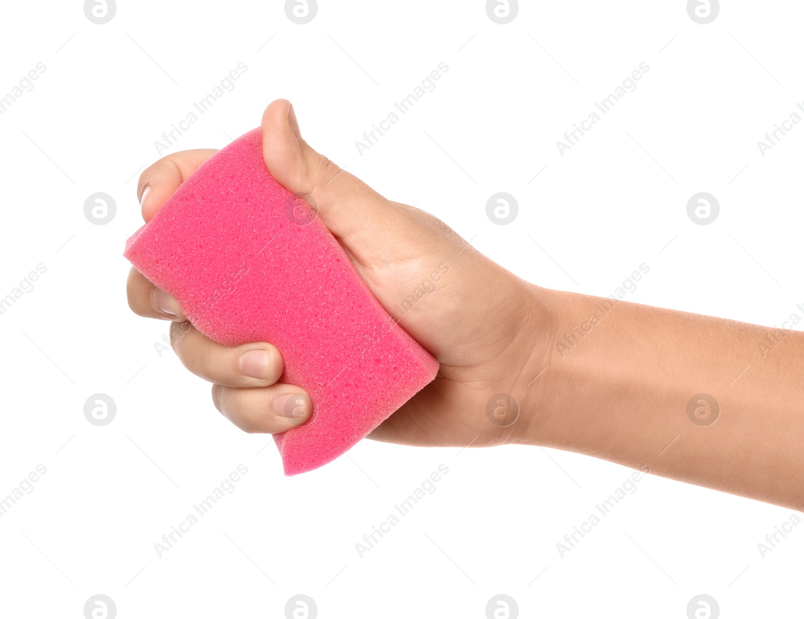 Photo of Woman holding cleaning sponge for dish washing on white background, closeup