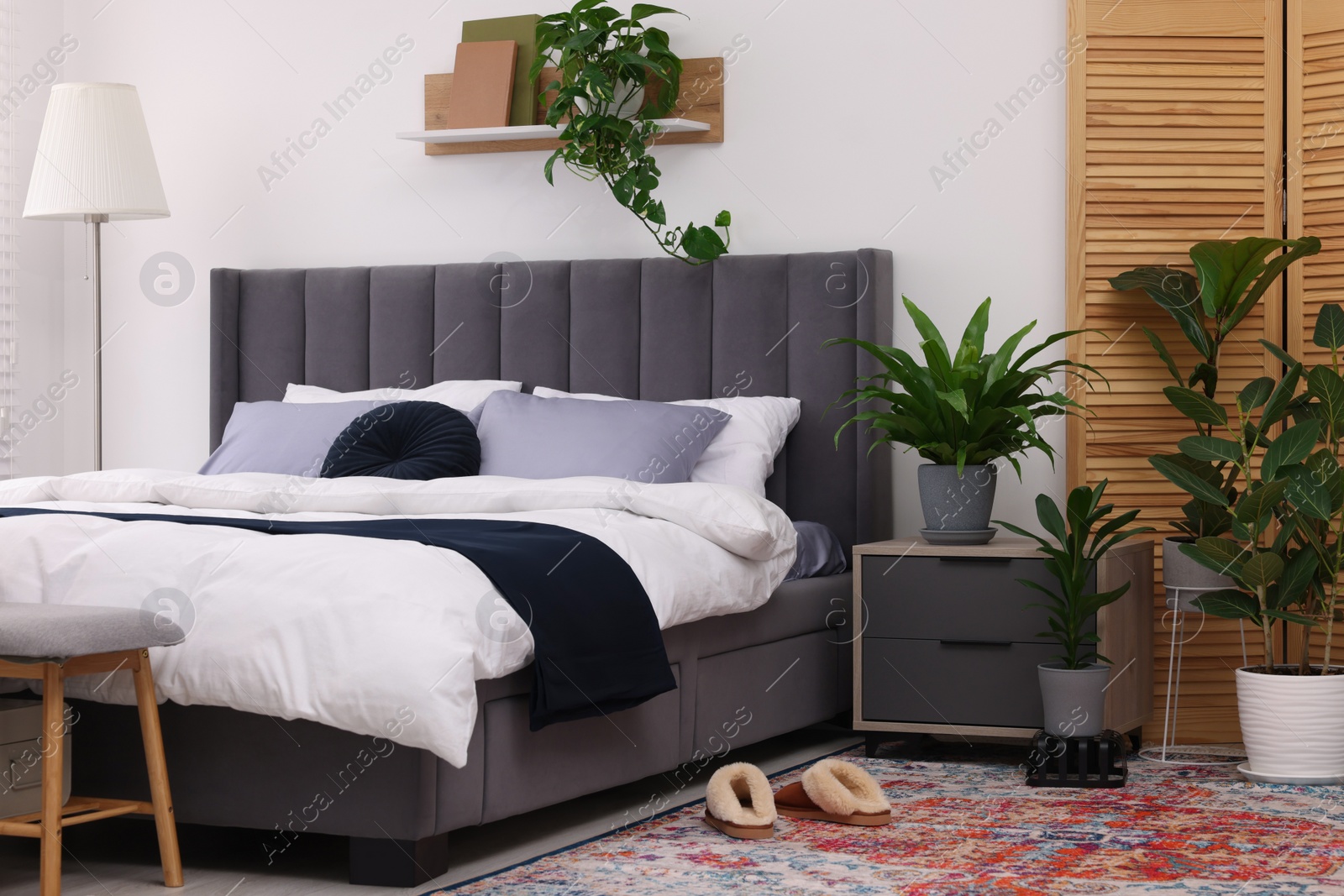 Photo of Stylish bedroom with double bed and beautiful green houseplants. Modern interior