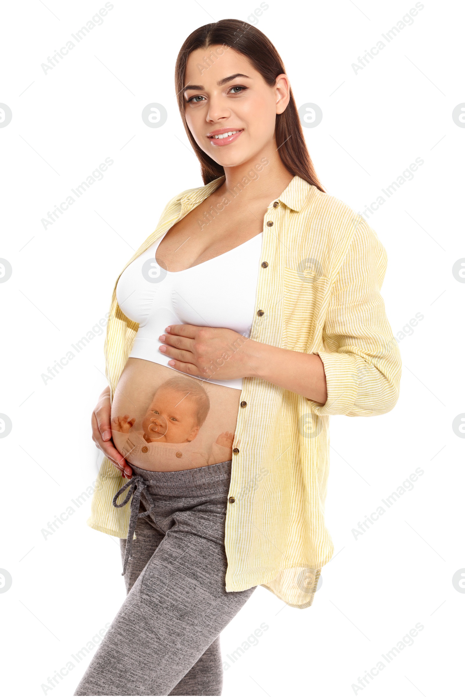 Image of Double exposure of pregnant woman and cute baby on white background