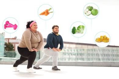 Image of Weight loss concept. Overweight couple doing sport exercises together outdoors