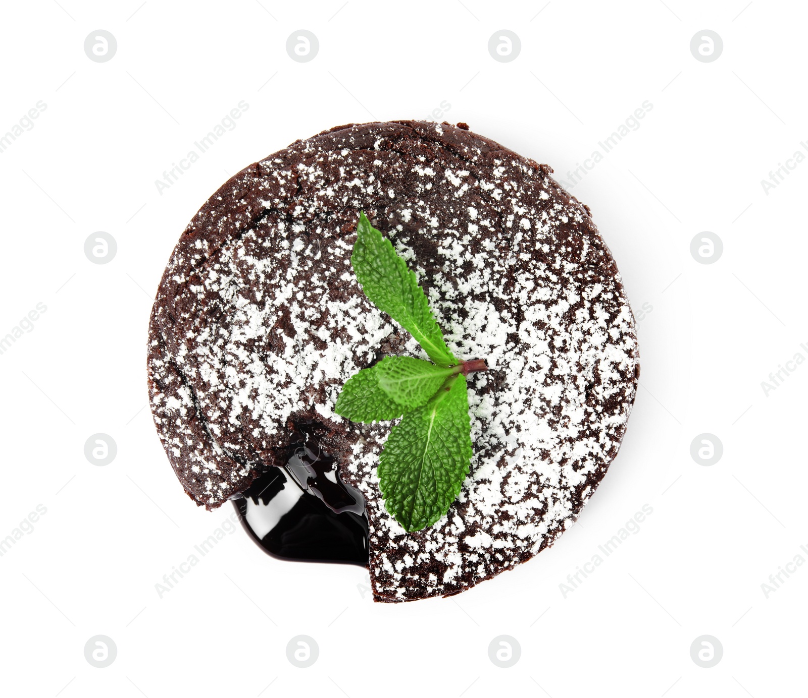 Photo of Delicious fresh fondant with hot chocolate and mint isolated on white, top view