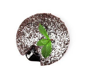 Delicious fresh fondant with hot chocolate and mint isolated on white, top view