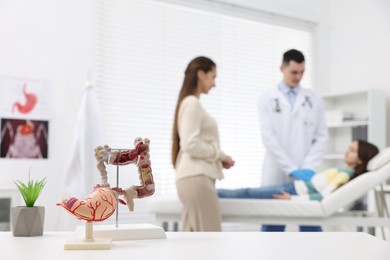 Photo of Gastroenterologist examining girl in clinic, focus on models of stomach and intestine on white table