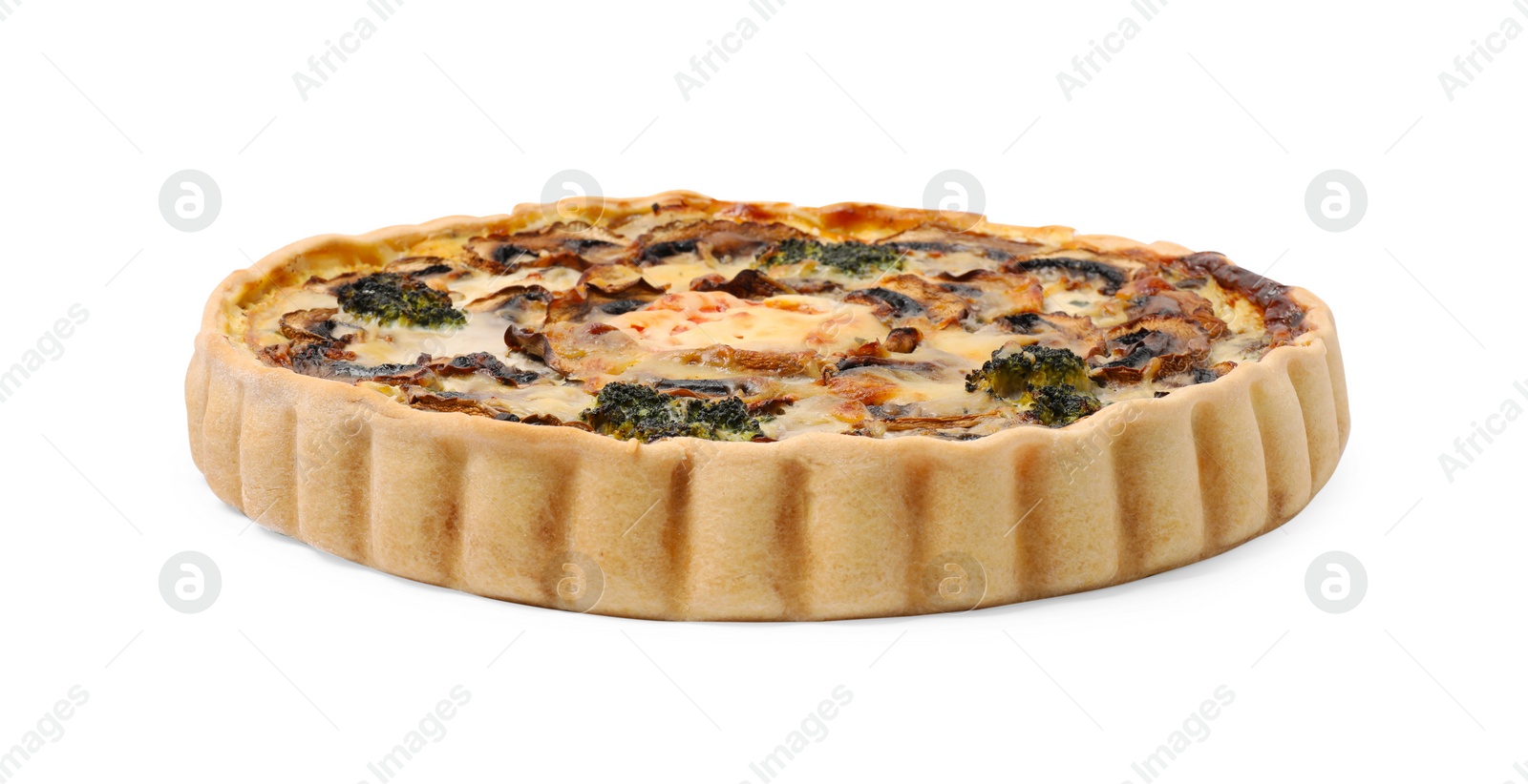 Photo of Delicious quiche with mushrooms isolated on white