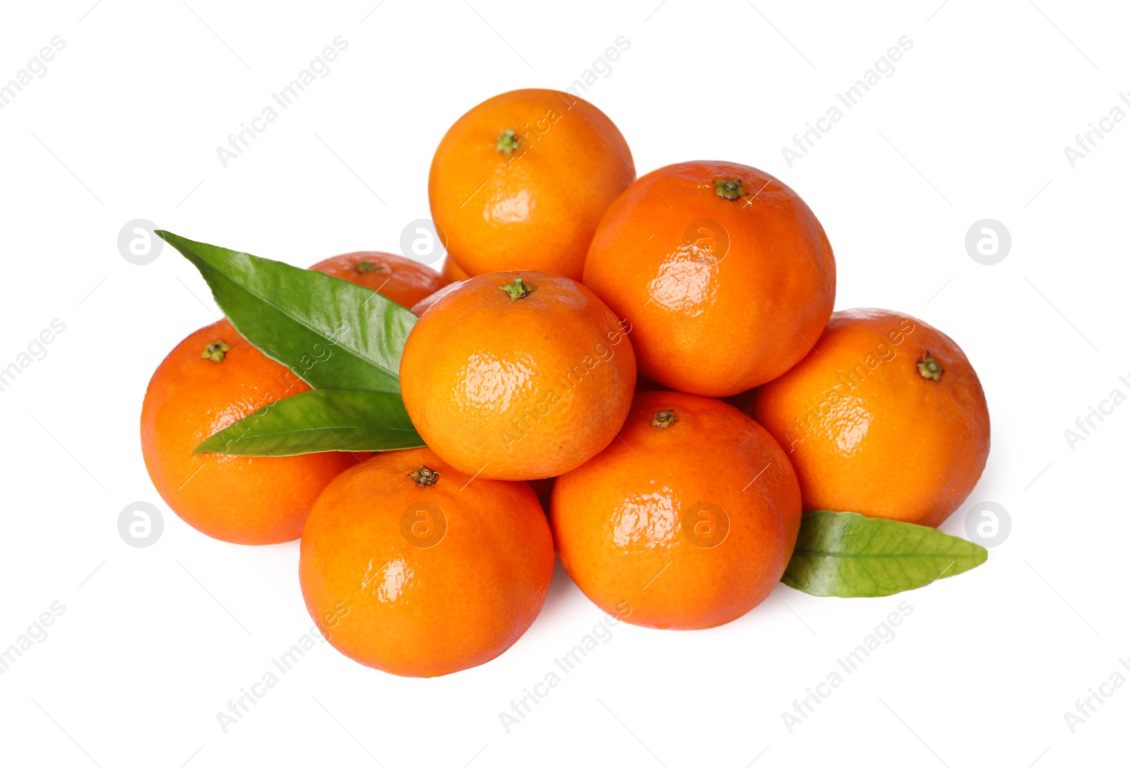 Photo of Fresh ripe tangerines and green leaves isolated on white